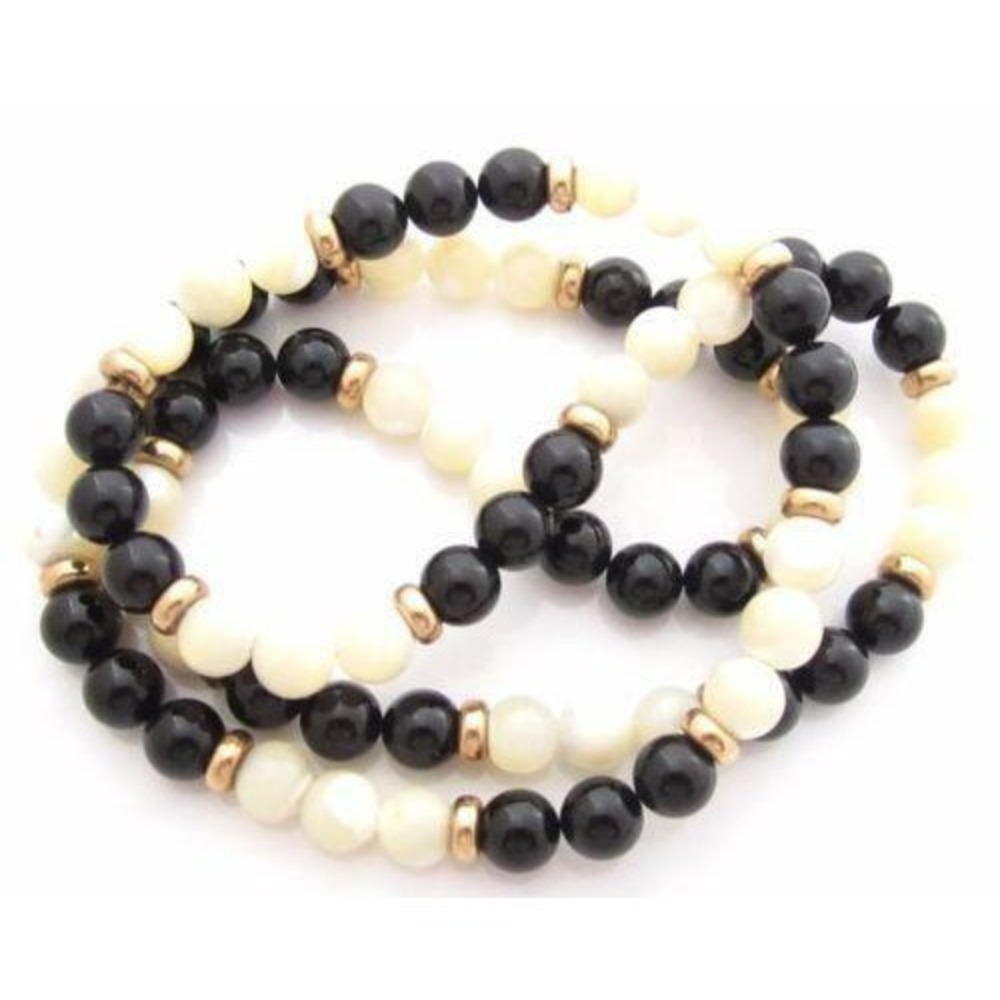 Vintage Endless Black Glass & Mother Of Pearl Gold Plated‎ Bead Necklace*26.5"